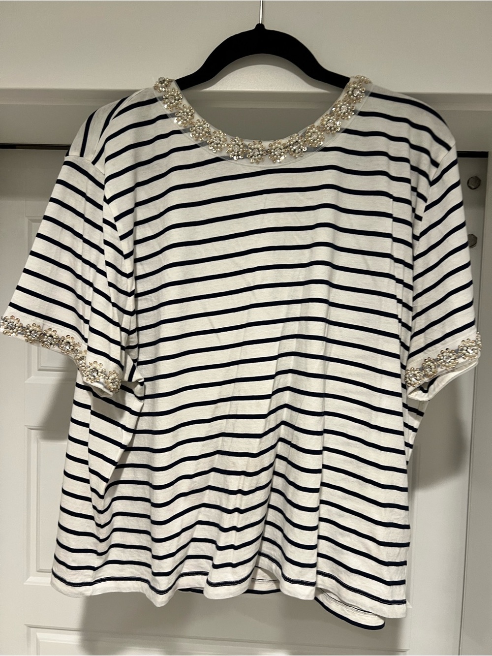 J. Crew Pearl-Trim Striped Short Sleeve Tee - White & Black